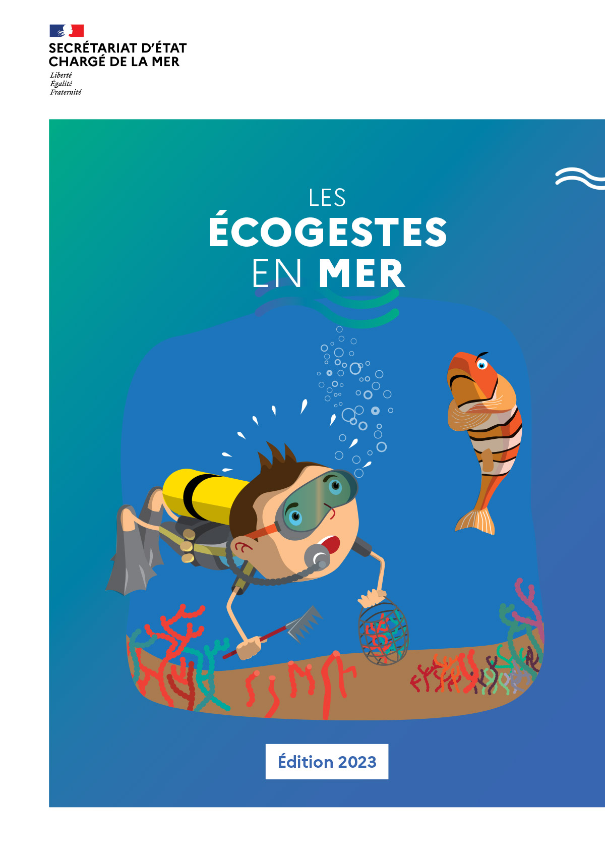 La brochure « Les écogestes en mer » a été éditée par le Ministère de la transition écologique, de la biodiversité, de la forêt, de la mer et de la pêche.