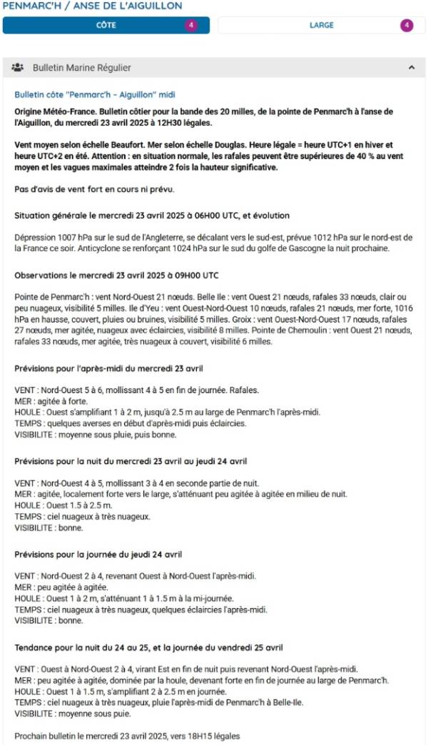 Le Bulletin Marine Régulier (BMR) expertisé de Météo France : côte et large
