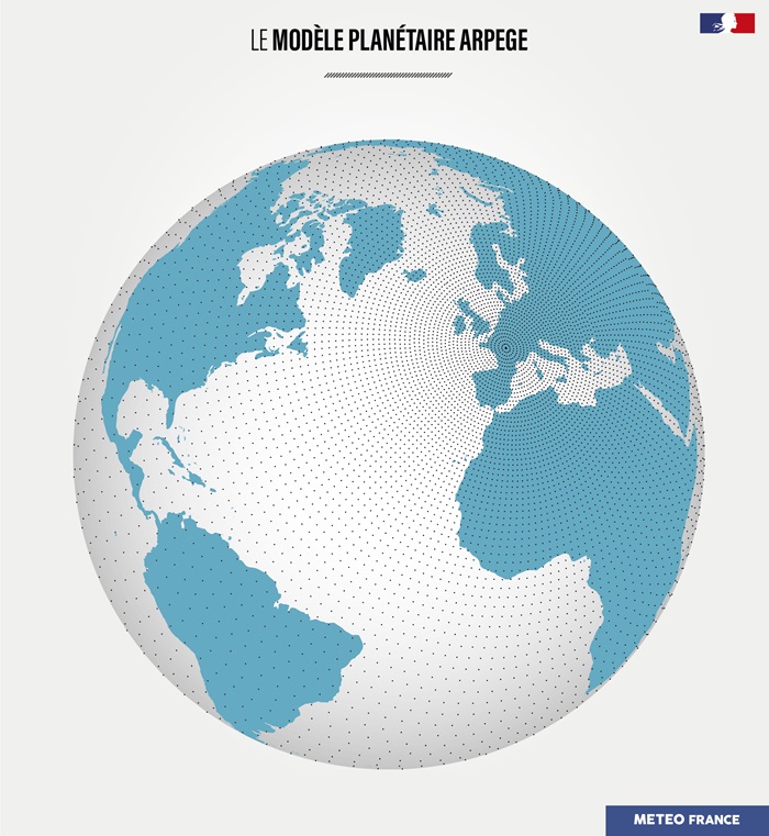 Le modèle planétaire ARPEGE anticipe les phénomènes de grande échelle sur l’ensemble du globe grâce à des mailles variant d’une précision fine de 5 km sur l’Europe à une précision plus lâche de 24 km aux antipodes.