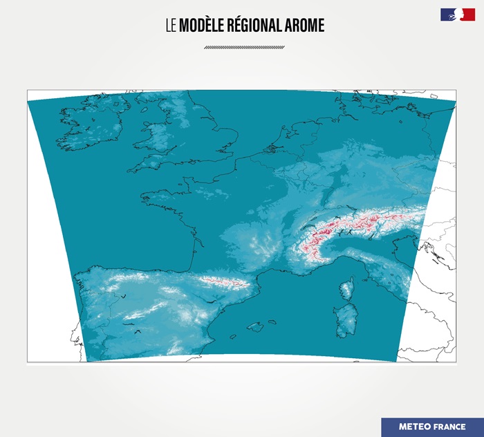 Le modèle AROME couvre l’Hexagone et la Corse avec une maille de 1,3 km. Il fournit aux prévisionnistes des informations « zoomées », beaucoup plus détaillées, pour affiner leur prévision.