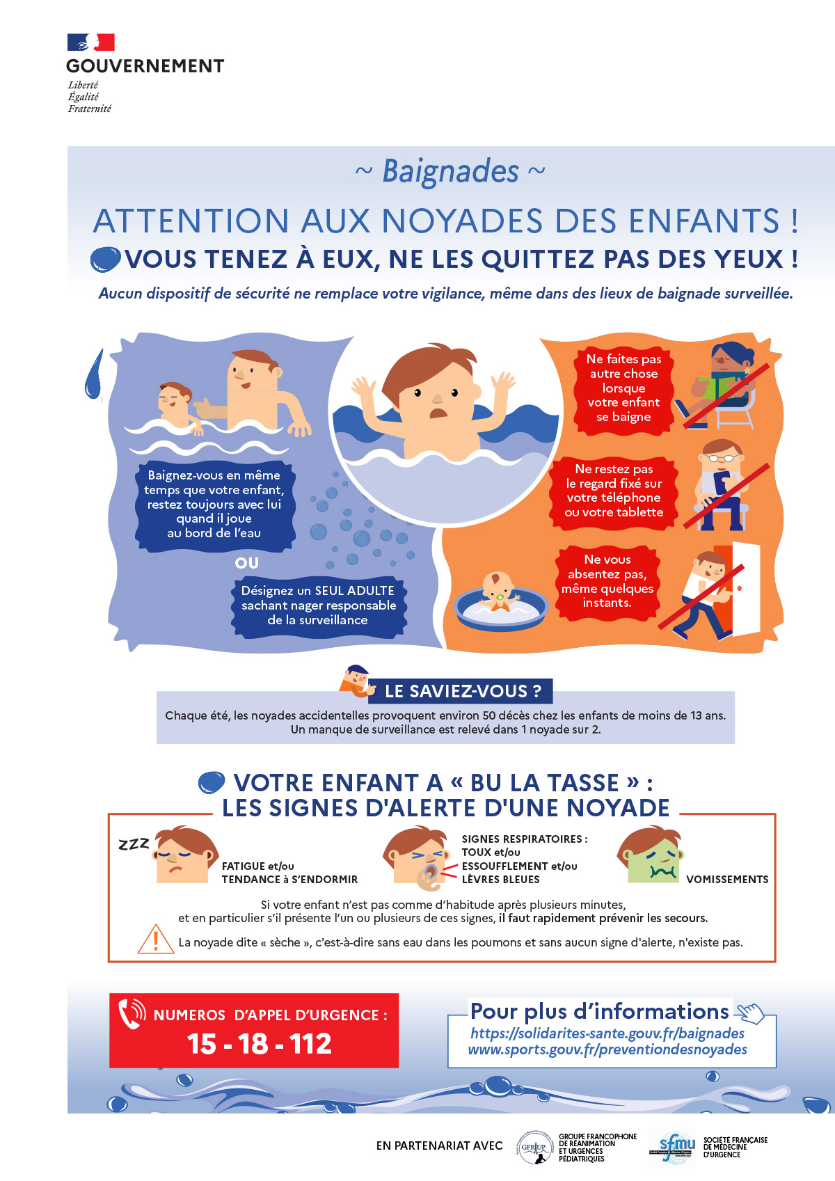 Prévention des noyades : ne quittez jamais vos enfants des yeux. Aucun dispositif de sécurité ne remplace votre vigilance, même dans des lieux de baignade surveillée.